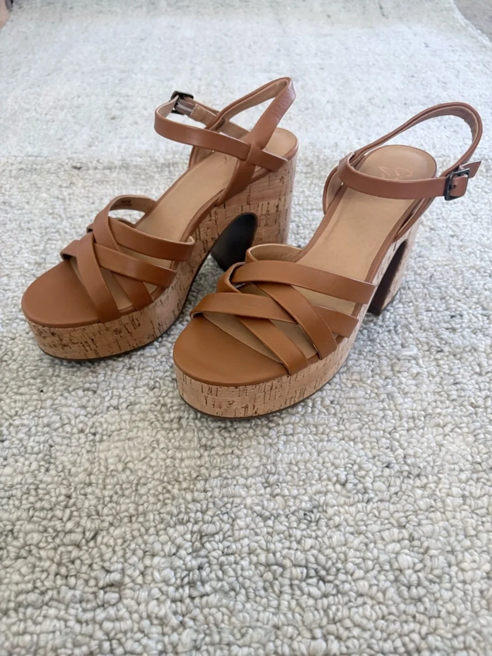 Crown Vintage Tan Strappy Cork Platform Heels